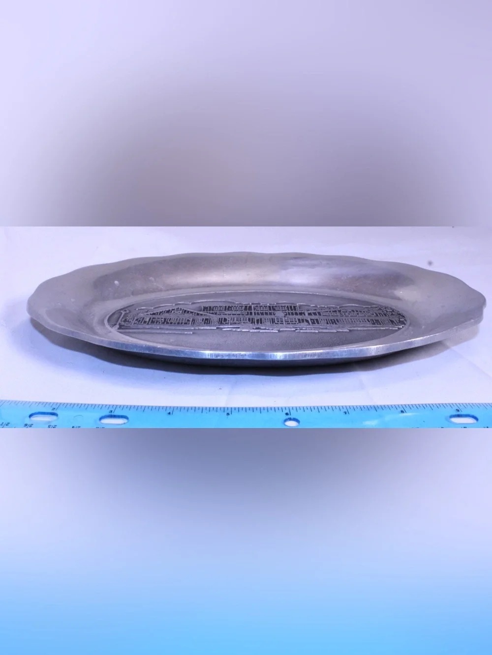 Vintage Pewter Oval Platter Old Town Hall Commemorative Embossed Serving Plate